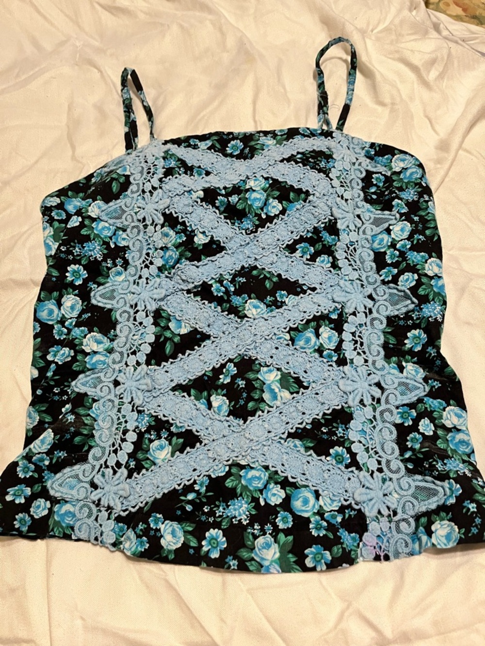 Black & Blue Floral Lace-Trim Cami Tank Top
